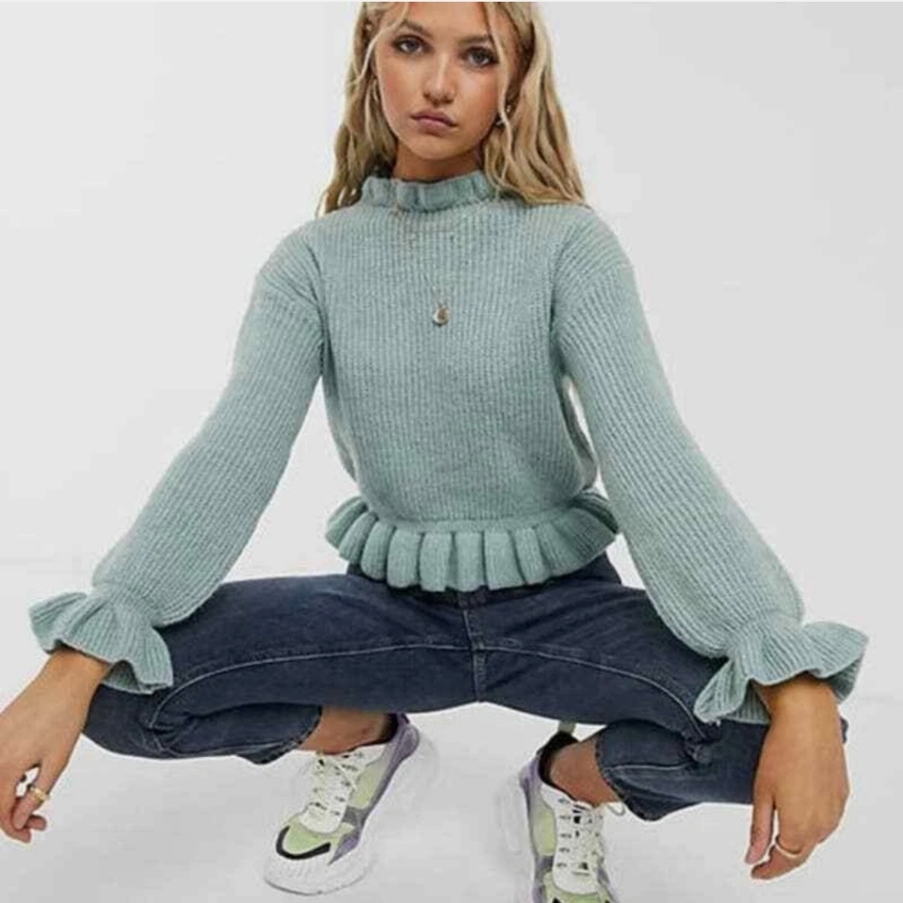 LIKE NEW Topshop Sage Green Cowl Neck Sweater with Ruffled Details
